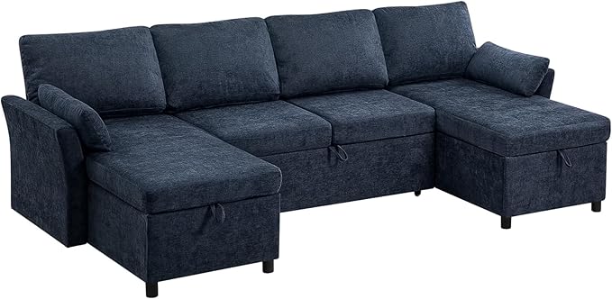 ACMEASE 107 Inches Fabric Sectional Sofa with Pull Out Sofa Bed, Modern U Shaped Sofa with Throw Pillows, Comfortable Sleeper Couch with Storage Chaise for Living Room, Blue
