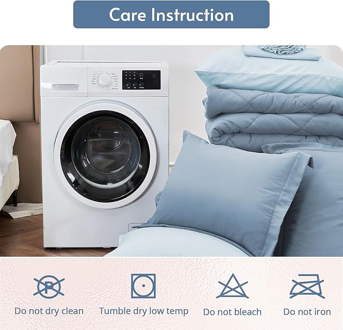 MUXHOMO 7 Pieces California King Comforter Set, Reversible Bed in a Bag Cal King Size, All Season Bedding Set with Comforter, Flat Sheet, Fitted Sheet, Pillowcases & Shams, Mineral Blue & Light Blue