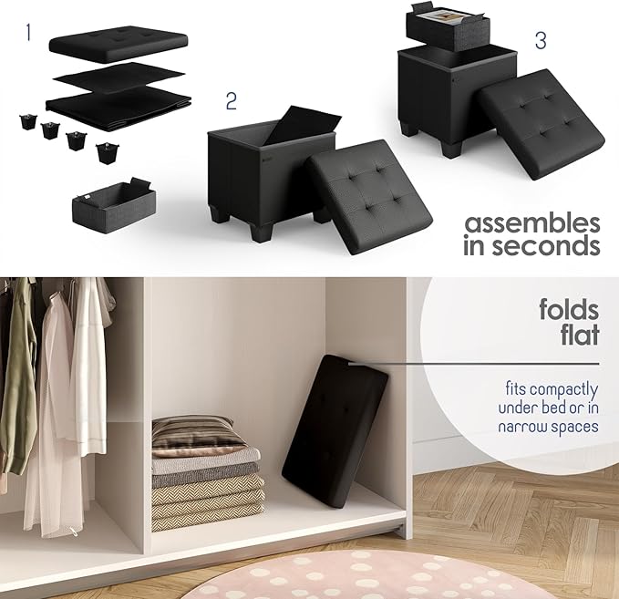 Storage Ottoman Cube with Small Bin, 16-in Square Ottoman with Storage for Living Room and Bedroom, Small Ottomans Foot Rest, Faux Leather Foot Stools Ottomans Max 330lbs, Black
