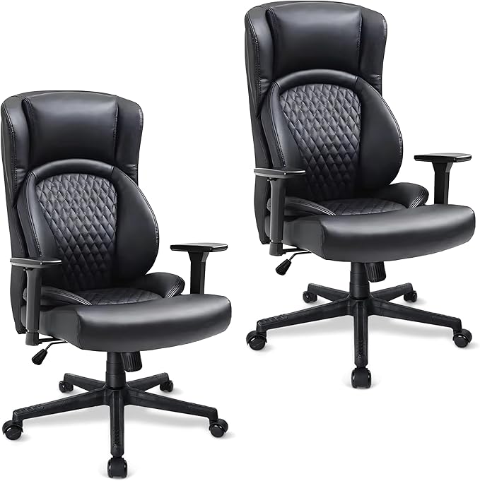 CLATINA Big & Tall Executive Managerial Chair, Heavy Duty Ergonomic Leather Office Desk Chair, High Back Computer Task Chair with 3D Adjustable Arms and Lumbar Support for Home Office, Black, 2 Pack