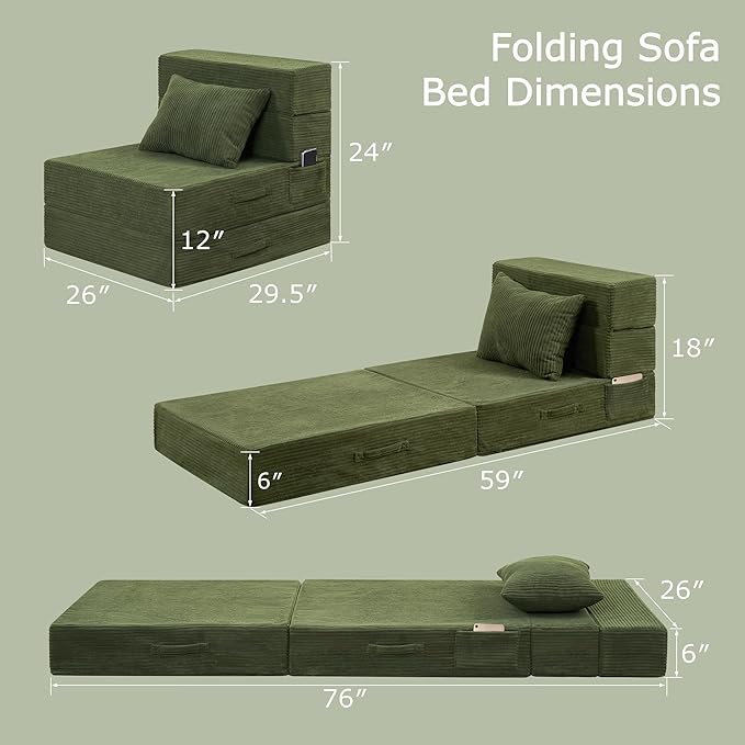 HILERO Folding Sofa Bed, 4 in 1 Convertible Sleeper Chair with Pillow, Single Memory Foam Fold Out Chair Bed, Modern Floor Futon Sofa Couch Mattress for Living Room/Guest/Apartment, Green