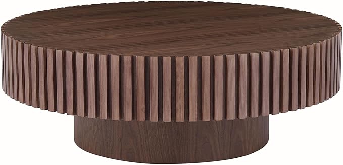 31.49'' Walnut Round Coffee Table for Apartment, Modern Living Room Coffee Table with Sturdy Pedestal