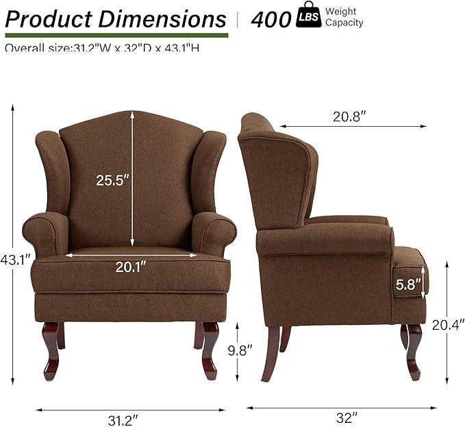 DREAMSIDEA Accent Chair, High Back Upholstered Armchair with High Resilience Sponge & Wood Legs, Mid-Century Modern Comfy Single Sofa Reading Chairs for Living Room, Bedroom - Brown, Set of 1