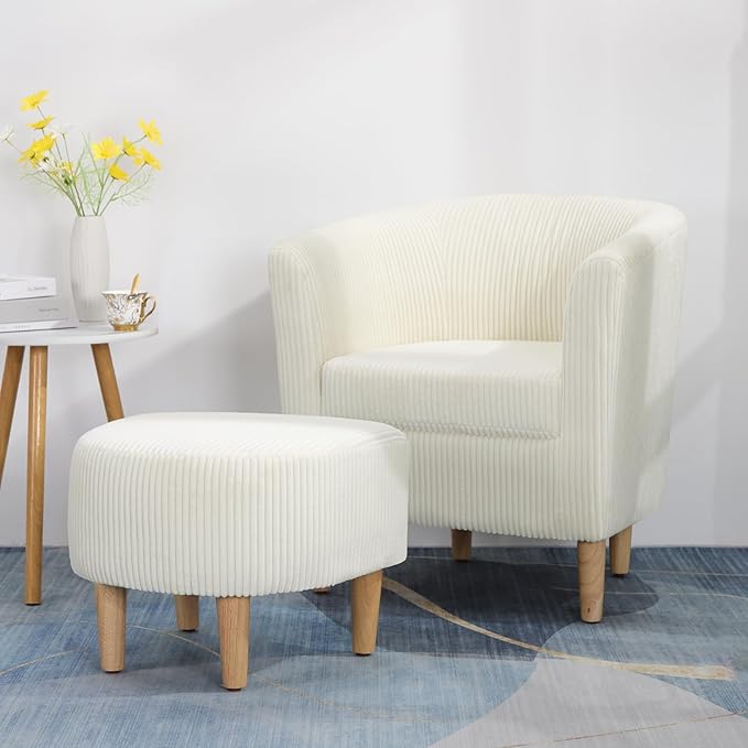 DAZONE Accent Chairs Set of 2 - Mid Century Modern Comfy Armchair with Ottoman, Corduroy Upholstered Living Room & Reading Room Chair in Ivory