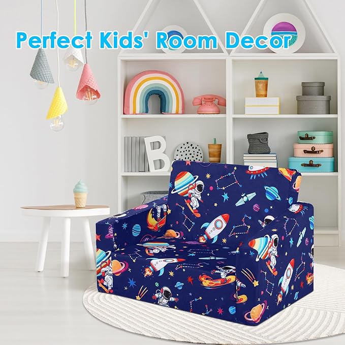 decalsweet Foldable Kids Sofa Couch 2 in 1 Children Convertible Sofa to Lounger Flip Open Toddlers Sofa Bed,Extra Wide Soft Lightweight for Bedroom Livingroom Playroom
