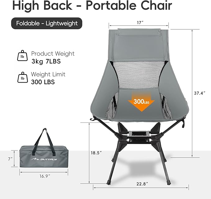 Swivel Camping Chair, High Back Folding Chair with Head Support, Side Cup Pocket, Stable Portable Outdoor Chair for Camp, Travel, Beach, Party, Fishing, Hiking, Backpacking, Grey