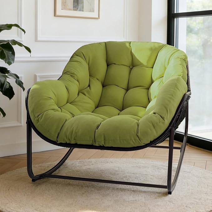 Sgentle Papasan Rocking Chair Outdoor, Oversized Patio Rocking Chair with Cushions & Steel Frame, Wicker Egg Lounge Chair Indoor, Comfy Reading Chair for Patio, Deck, Porch (Green, Style 1)
