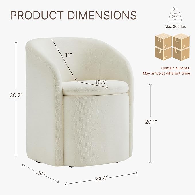 Upholstered Dining Chairs with Casters, Rolling Modern Dining Room Chairs with Hidden Storage & Barrel Backrest, Easy Assembly Accent Chair for Bedroom, Living Room, Dressing, Linen Fabric,4PCS