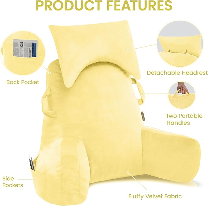 Unisakey Portable Reading Pillows with Headrest for Bed Sitting Up(Yellow Oeko-Tex), Velvet Back Pillow with Arms & Pockets for Adults, Support Memory Foam Bed Pillow for Dorm/Reading/Watching/Gaming