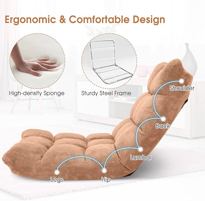 Floor Chair with Back Support, Foldling Gaming Sofa Chair with Comfy Cushion, Adjustable 14-Position Meditation Chairs, Lazy Lounge Recliner Reading Seat for Adults, Kids (Tan)
