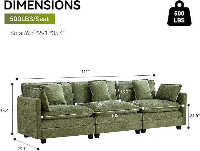 UMBFUN 3-Seater Cloud Couch, Oversized Modular Sectional Sofa with Deep Seat Soft Cushions, Comfy Chenille Couch for Living Room, Apartment & Family Space, Green