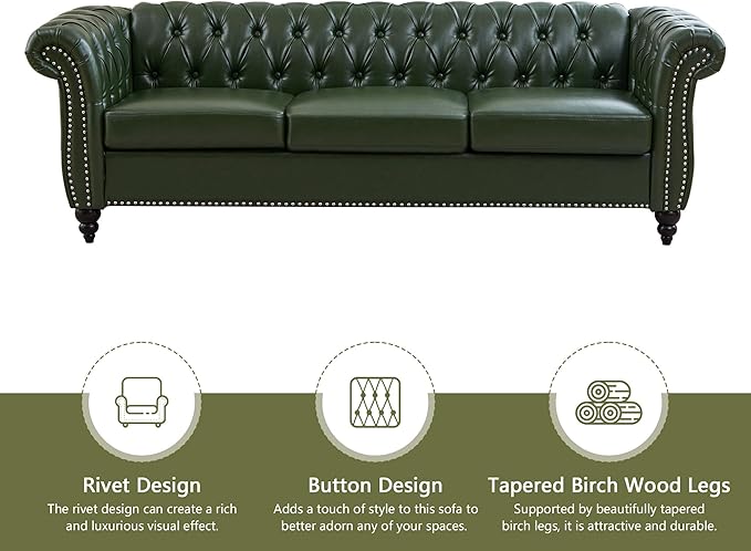 QHITTY Accent Large Sofa, Chesterfield Couch 3 Seater Modern Leather Couch Upholstered Sofa with Tufted Back for Living Room Furniture (Green)