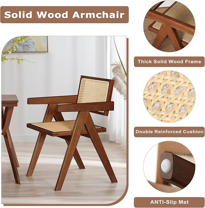 Rattan Walnut Mid Century Modern Dining Chairs Set of 6, Comfy Armchairs with Cane Back, Outdoor Kitchen Chairs for Multiple Rooms