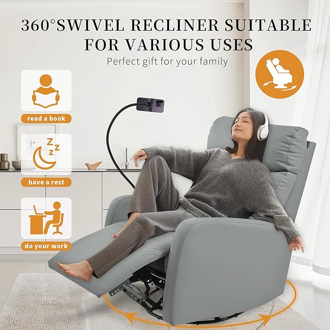 QKFF Swivel Rocker Recliner Chair for Nursery, Upholstered 360° Leather-air Glider Rocking Chair with Phone Holder, Manual Small Recliners for Small Spaces Living Room