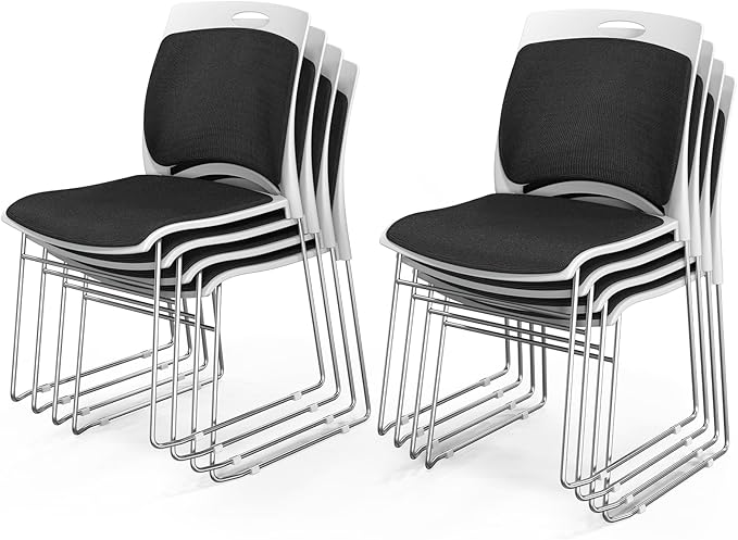 VINGLI Stackable Chairs Set of 8 Stacking Office Chairs with Metal Sled Base, Ergonomic Plastic Padded Seat & Back, Capacity 350lbs, Stacking Chairs for Waiting Room Break Room Banquet Guest, Black