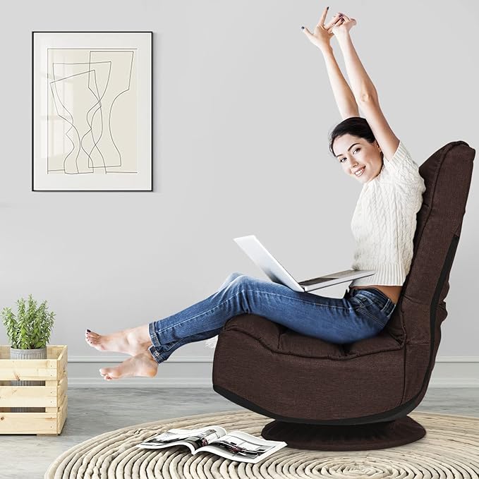 Giantex 360 Degree Swivel Gaming Chair, 6 Position Adjustable Folding Floor Chair, Nearly 300lb Spring Support, Comfortable Padded Backrest, Lazy Sofa Chair Game Rocker for Teens Adults (Brownness)