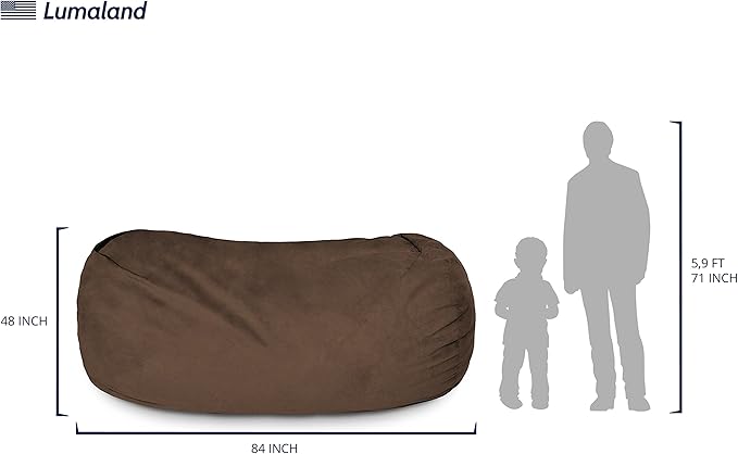 Lumaland Luxurious Giant 7ft Bean Bag Chair with Microsuede Cover - Ultra Soft, Foam Filling, Washable XXL Bean Bag Sofa for Kids, Teenagers, Adults - Sack Chair for Dorm, Family Room - Brown