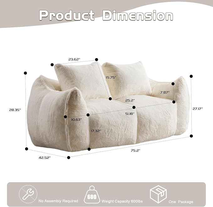 KEIKI Giant Bean Bag Couch for Adults, Oversized Loveseat, 2 Seater Fireside Chair, Comfy Lazy Floor Sofa, Cozy Reading Chair with Pillows for Living Room, Bedroom, No Assembly Required