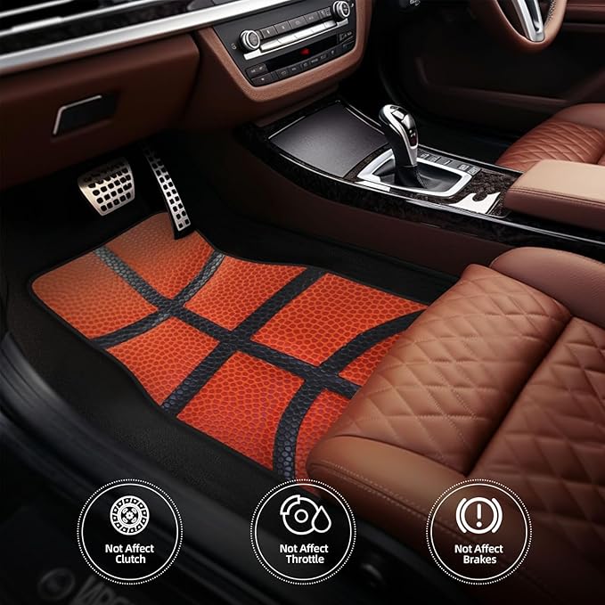 Artistic Fabric Car Floor Mats-Non-Slip Rubber Backing,Basketball,Front (26.8x17.3in) & Rear (13x17.3in) Set-Water Absorbing, Durable Automotive Floor Liners with Stylish Patterns