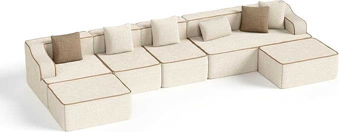 PHI VILLA Cloud Modular Couch, Boneless Sectional Sofa with U-Shaped Chaise, 7-Seater Couches with Movable Ottomans for Living Room, No Assembly Required, Corduroy, Beige