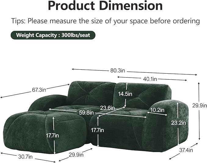 Modular Sectional Sofa with Free Combination,Boneless Floor Couch for Small Spaces, Living Room & Lounge,Velvet 2-Seater Sectional Couch with Ottoman,No Assembly Needed
