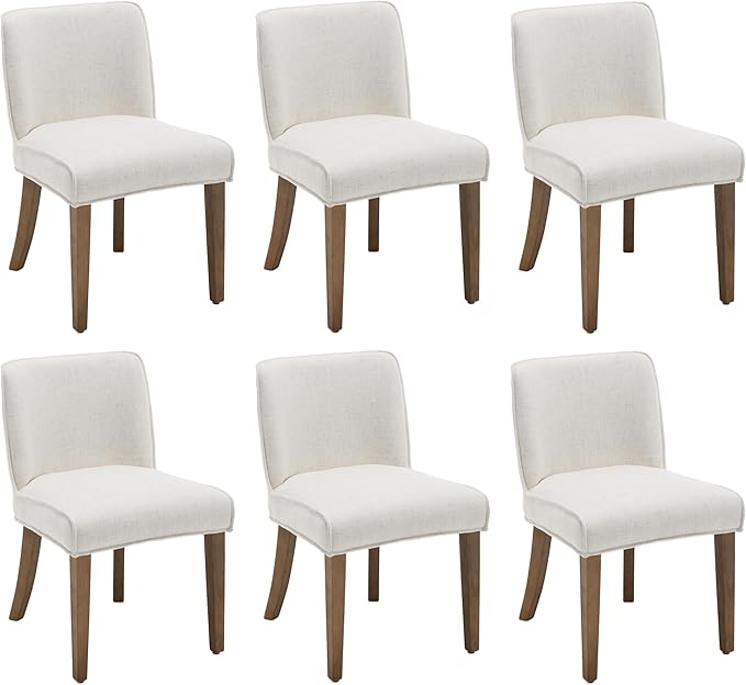 chairus Farmhouse Dining Chairs Set of 6, Upholstered Comfy Dining Room Chairs Linen Fabric Walnut Brown Wood Kitchen Chairs for Dining Table, Living Room, Kitchen, White