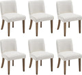 chairus Farmhouse Dining Chairs Set of 6, Upholstered Comfy Dining Room Chairs Linen Fabric Walnut Brown Wood Kitchen Chairs for Dining Table, Living Room, Kitchen, White