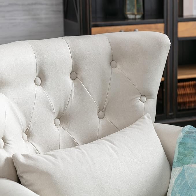 LZAREAL Accent Reading Arm Chairs for Living Room Bedroom, Midcentury Modern Comfy Corner Sofa Chair, Wingback Waiting Room Club Chair with Button Tufted Back &Lumbar Pillow, Linen Beige