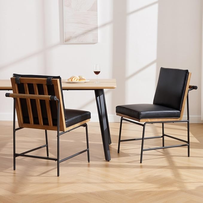 DUOMAY Mid-Century Modern Dining Chairs Set of 2, PU Leather Upholstered Side Chair with Rear Handle, Armless Chair with Metal Legs for Kitchen Dining Room Living Room Vanity, Black
