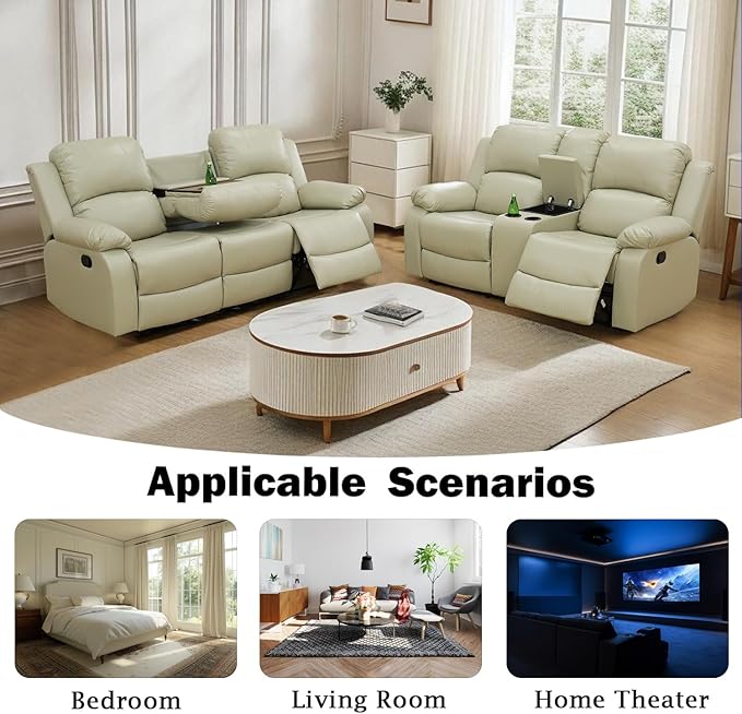 Caberryne Leather Recliner Sofa Set，Leather Reclining Couch for Living Room Furniture Sets，Beige Recliner Couch with 5 Recliners for Living Room/Office/Theater Seating(Sofa Set 3 Pieces)