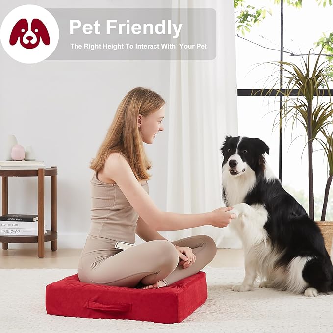 JKMAX 2 Pcs High Density Foam Floor Pillow - Upgraded Large Pillows Seating for Adults - Outdoor Floor Cushion with Soft Tufted Cover - Yoga Pillows for Sitting On Floor - 22 Inch Burgundy