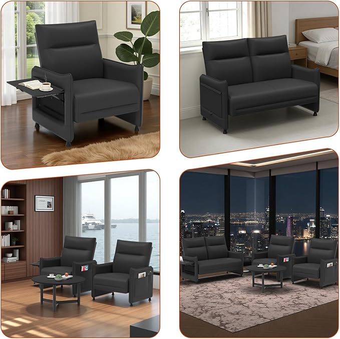 3-Piece Living Room Sofa Set, Faux Leather Loveseat & Accent Chairs Set of 2 with Hidden Foldable Tray & Side Pocket, Front Contour Arm Design, Upholstered Sofa Set for Office, Black