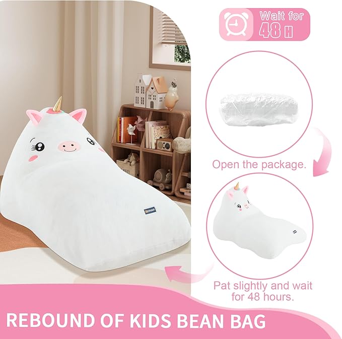 COMAX Unicorn Bean Bag Chairs for Kids, Large Kid Beanbag Chair with Filler, Big Toddler Lounge Bean Chair, Children Lazy Floor Lounger for Girls Boys, White