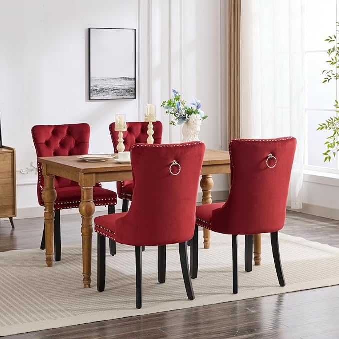YeahFurn Mid Century Modern Dining Chairs Set of 2, Velvet Upholstered Kitchen & Dining Room Chairs with Nailhead Trim & Solid Wood Legs, Tufted Kitchen Chairs, Elegant Sillas De Comedor (Red, 2 Pcs)