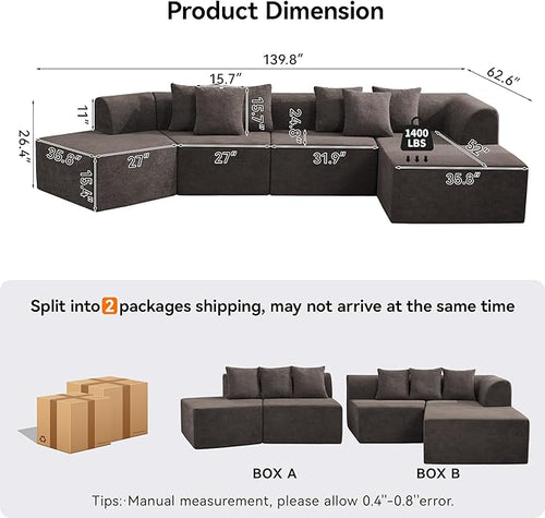 140''Oversized Cloud Velvet Curved Sectional Couch, Boneless Couch with L-Shape Chaise, Upholstered Compression Memory Foam Modular Sectional Sofa for Living Room, No Assembly Required, Brown