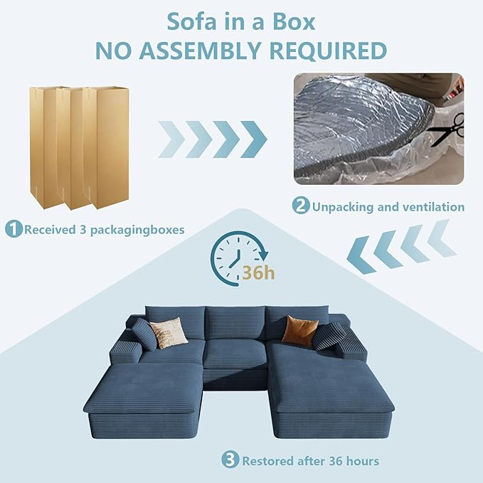107" Cloud Sectional Couch with U-Shaped Chaise,Viral Corduroy Boneless Sofa with Ottoman,Memory Foam Couches in a Box with Deep Seat for Living Room,No Assembly Required (Blue,Right-Facing Chaise)