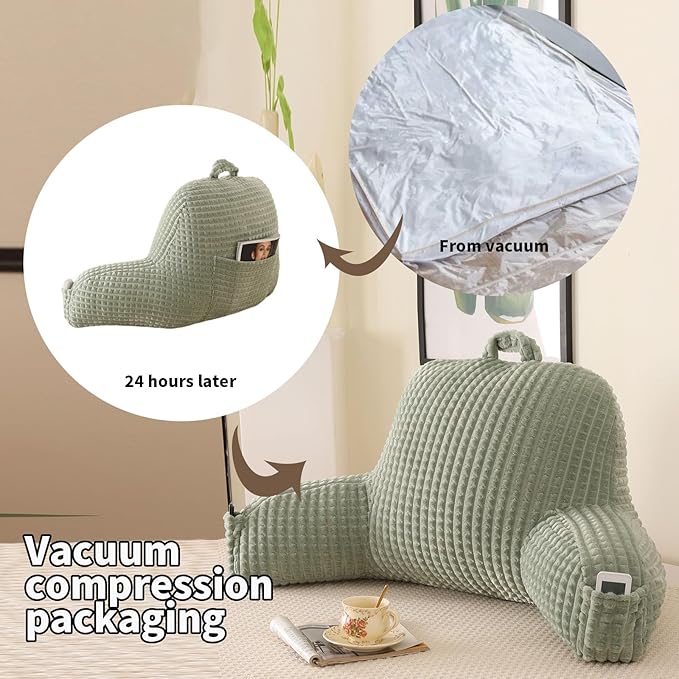 PAJEO Reading Pillow for Sitting in Bed, Large Backrest Reading Pillow with Arm Rest,Back-Rest Support Cushion for Sit Up on Couch, Sofa, and Floor, Dorm Essentials (Green Flannel, Large(19"))