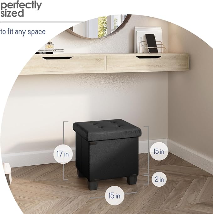 Storage Ottoman Cube with Small Bin, 16-in Square Ottoman with Storage for Living Room and Bedroom, Small Ottomans Foot Rest, Faux Leather Foot Stools Ottomans Max 330lbs, Black