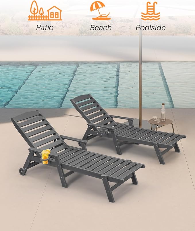 HDPE Outdoor Chaise Lounge Chair, 78.4'' Adjustable Outdoor Lounger with Wheels & Cup Holder, 5 Positions Poly Lounge Chair Furniture, HDPE Patio Lounge Chair for Poolside, Deck, Smoke Gray