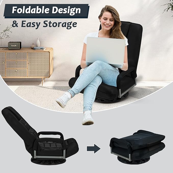 360° Swivel Gaming Chair 6 Adjustable Positions Backrest with Armrest Foldable Floor Chairs Suitable for Reading, Relaxing, Mediation,Black