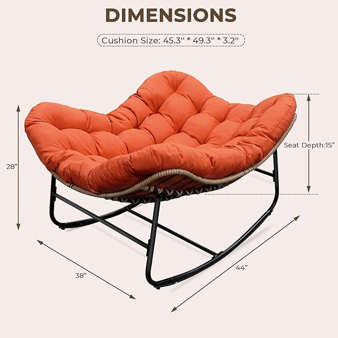 Sgentle Papasan Rocking Chair for Outdoor & Indoor, Oversized Patio Rocking Chair with Cushions & Steel Frame, Wicker Egg Lounge Chair, Comfy Reading Chair for Patio, Deck, Porch (Red, Style 2)