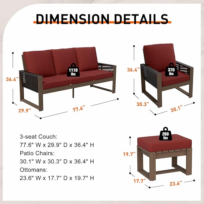 INTER HUT Rustic Hideaway Natural Cedar Wood Outdoor Furniture Set, Wicker Patio Conversation Set for Porch Garden Backyard, Couch, 2 Patio Chairs and 2 Ottomans, 5 Piece, Brownish/Red