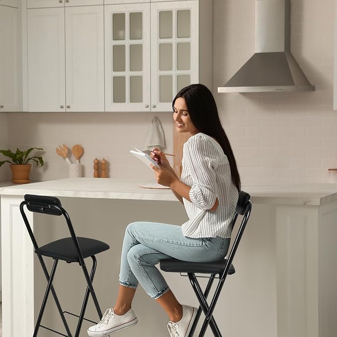 Thyle 1 Pcs Folding Bar Stool with Backrest, Tall Foldable Stool Chair Portable High Folding Bar Chair Counter Height Seat Leather Padded for Kitchen Island Shop Cafe Dining Room Black (24 Inch)
