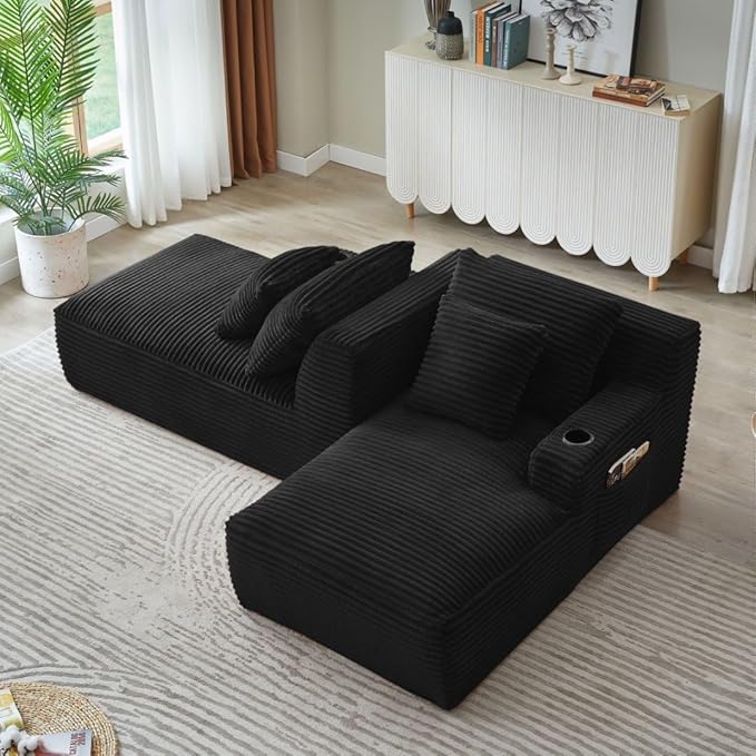 71" Oversized Double Chaise Lounge Sofa Indoor Boneless Sleeper Daybed, Fluffy Corduroy Upholstered Compressed Cloud Couch Loveseat Sofabed, Floor Chair w/Cupholders, Side Pockets for Living Room