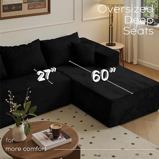 Sectional Cloud Boneless Couch for Living Room Bedroom, Comfy Modern L Shaped Modular Sofa with Right Chaise, Deep Seat Upholstered Memory Foam Couch in Box, No Assembly (Fine Striped Corduroy, Black)