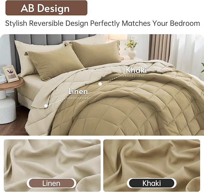 MUXHOMO 7 Pieces King Comforter Set, Reversible Bed in a Bag King Size, All Season Bedding Set with Comforter, Flat Sheet, Fitted Sheet, Pillowcases & Shams, Khaki & Linen