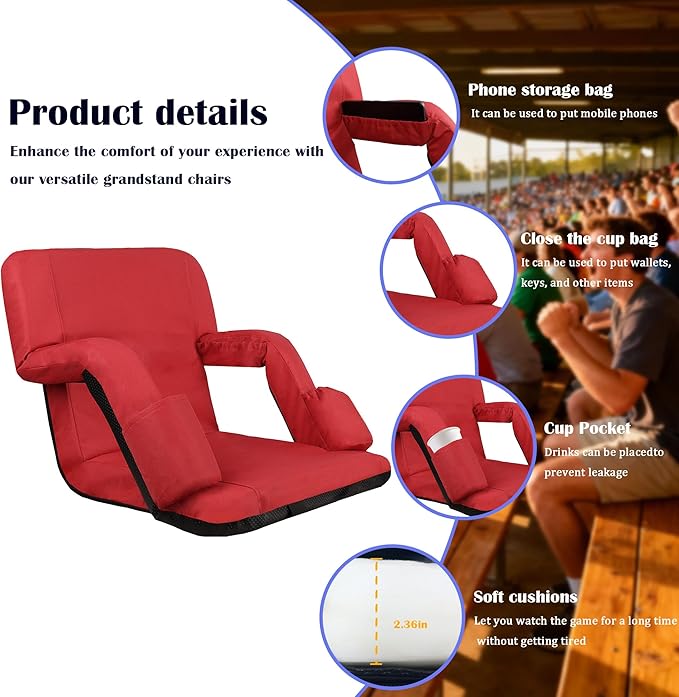 Anmiro Stadium Seats with Back Support Bleacher Chairs with Back and Extra Wide Cushion Thick Padded Bleacher Portable Reclining Seats for Football, Baseball and Basketball (Red, Small)