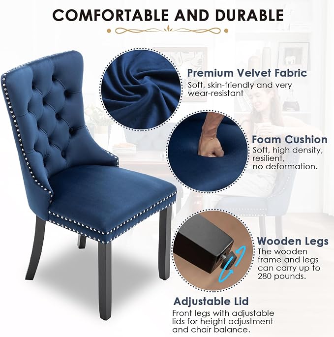 Kiztir Velvet Dining Chairs Set of 2, Upholstered Dining Chair with Nailhead Trim and Solid Wood Legs, Navy Luxury Wingback Dining Side Chair for Living Room, Bedroom, Kitchen (Blue)