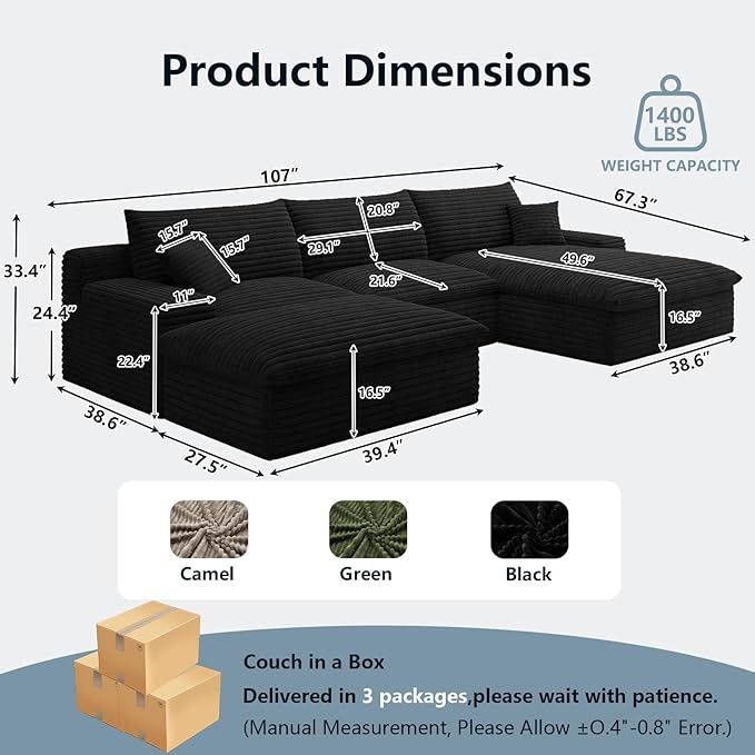 107" Cloud Sectional Couch with U-Shaped Chaise,Corduroy Viral Boneless Sofa with Ottoman,Memory Foam Couches in a Box with Deep Seat for Living Room,No Assembly Required(Jet Black,Right-Facing Chaise