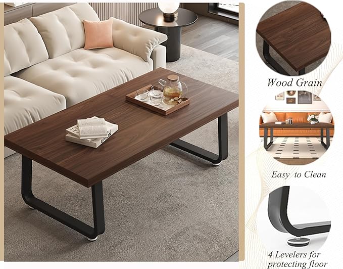 HSH Rustic Walnut Coffee Table, Modern Center Table, Rectangle Industrial Living Room Coffee Table, Simple Farmhouse Wood and Metal Tea Table for Home Bedroom Office, Walnut, 47 in